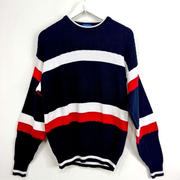 Pendleton Blue Red White Stripe 100% Cotton Patriotic Nautical Crewneck Sweater - Picture 1 of 11